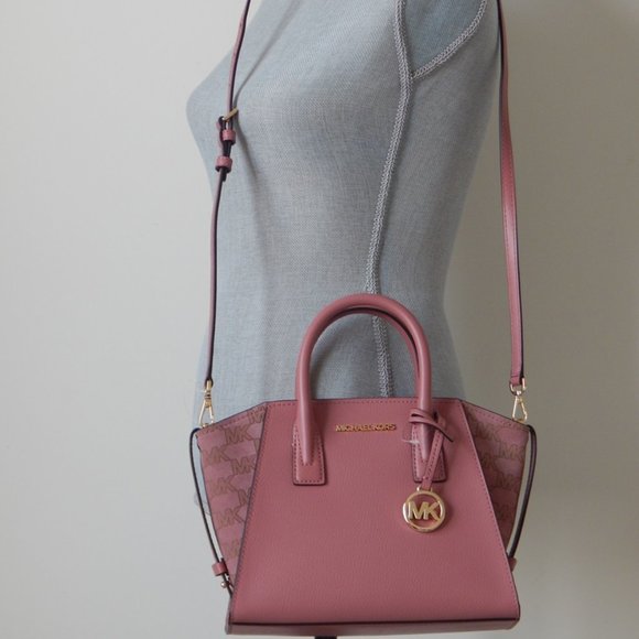 NWT $558 Michael Kors Avril Leather Small TZ MK Logo Rose Satchel Crossbody Bag - Picture 2 of 12